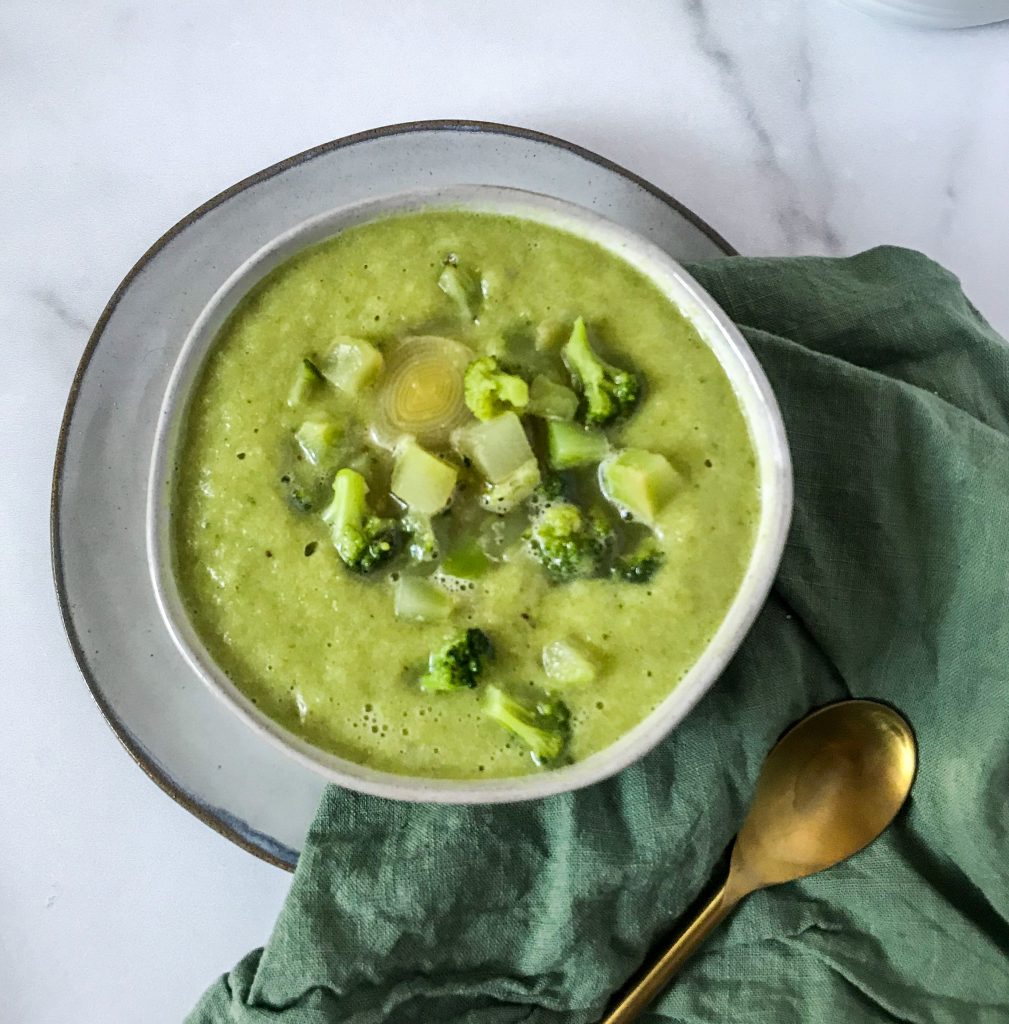 A bowl of creamy broccoli soup