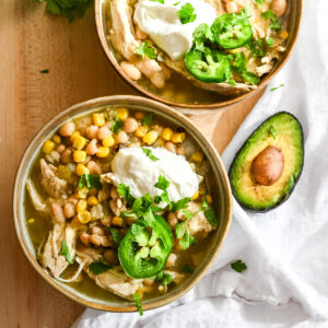 a healthy chicken chili with beans, jalapeño and cilantro