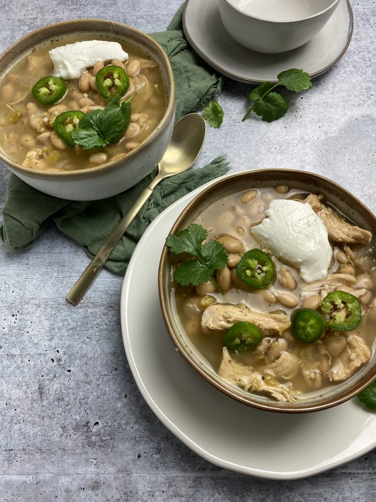 White Chicken Chili in bowls 