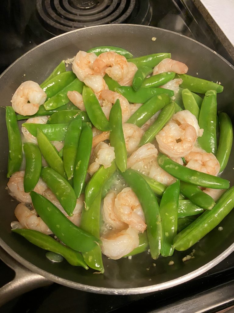 cooking shrimp and snap peas