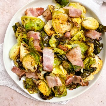 bacon and brussel sprouts on a plate
