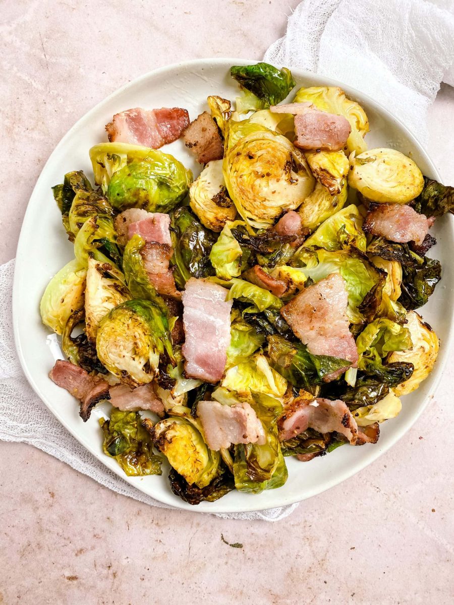 bacon and brussel sprouts on a plate