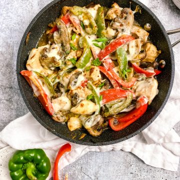 chicken cheesesteak in a pan