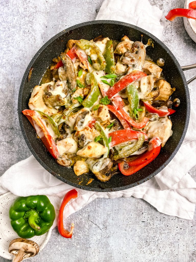 chicken cheesesteak in a pan 