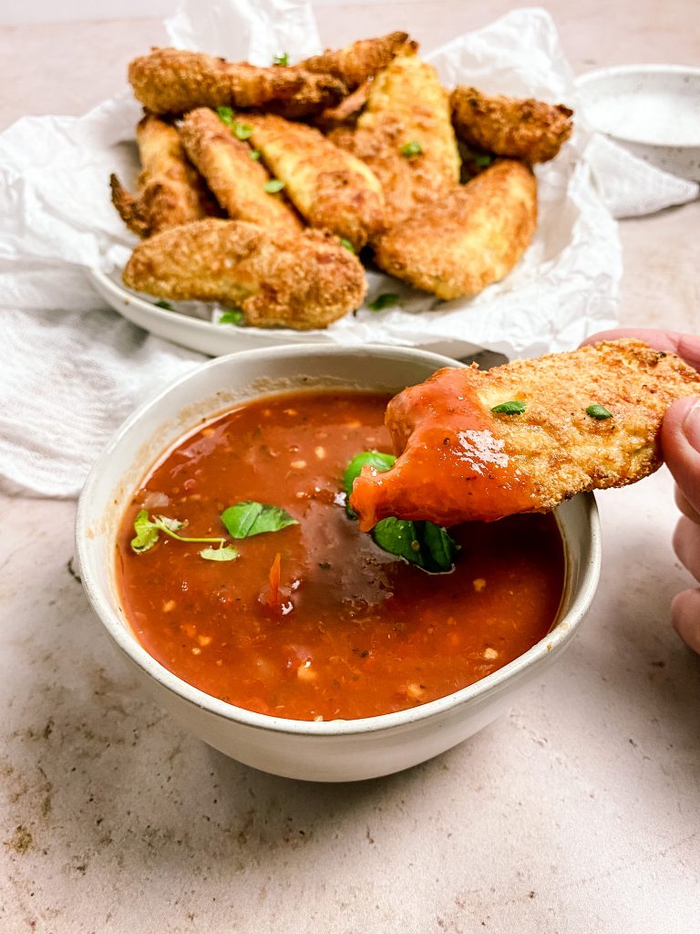 keto chicken tenders dipped in marinara 