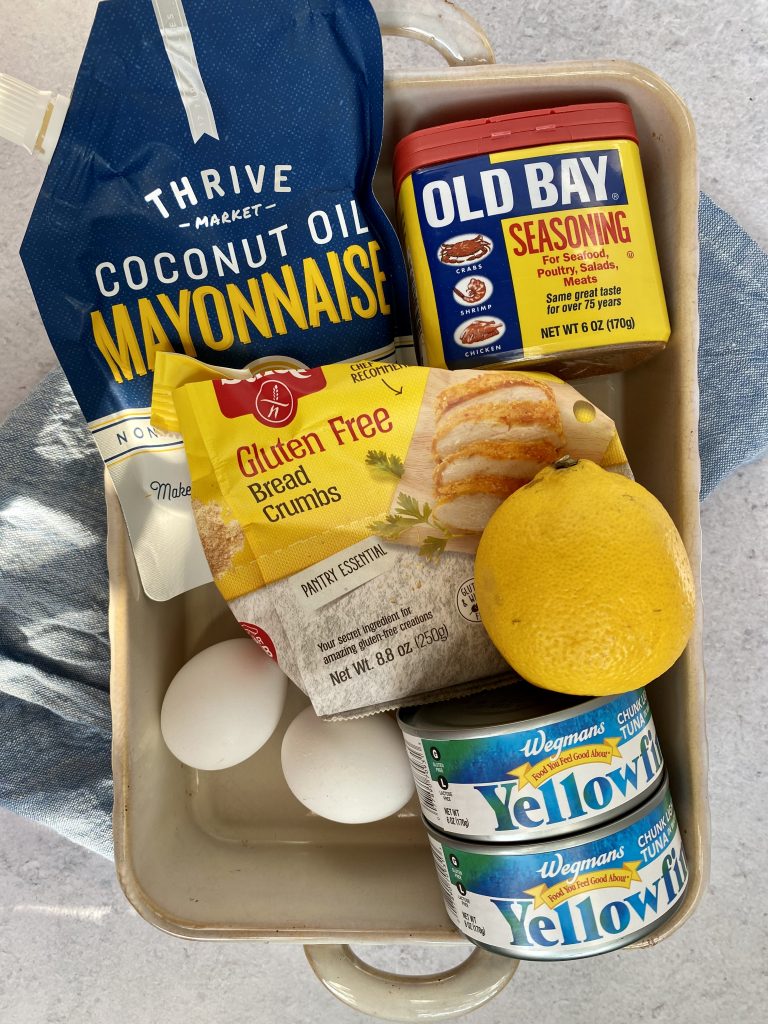 Ingredients for tuna patties in a casserole dish