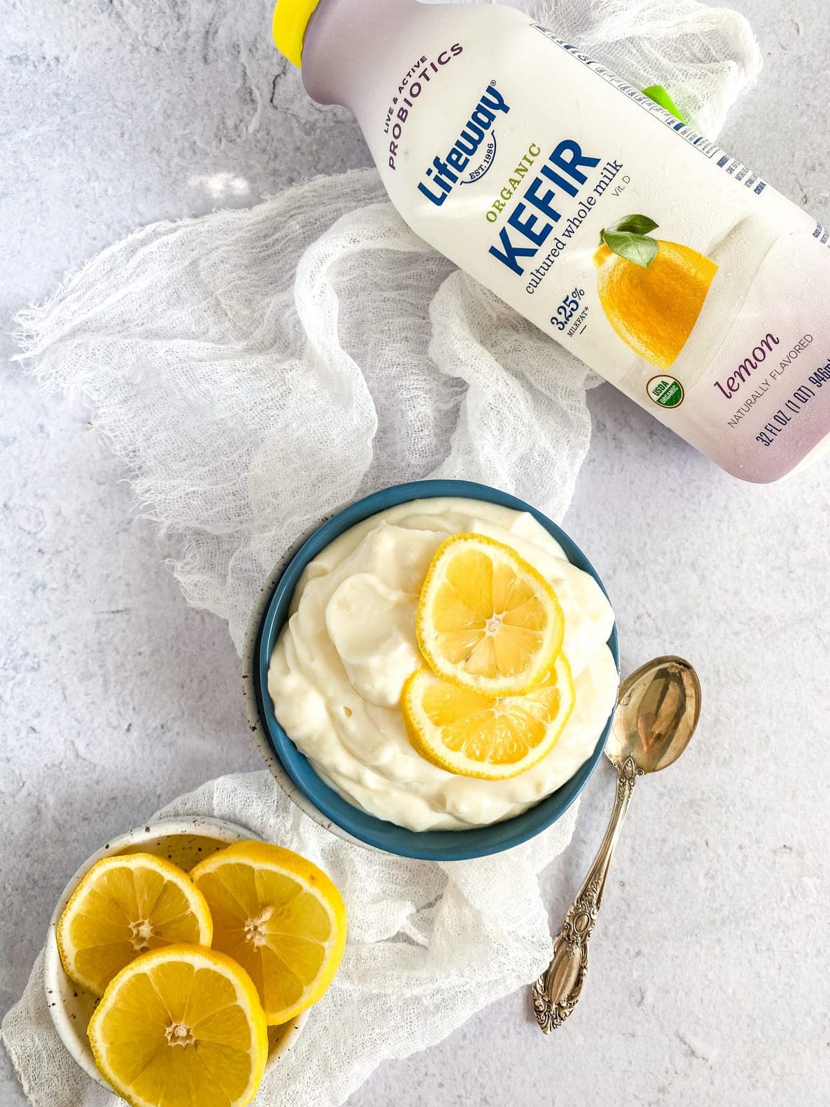 blue bowl with lemon kefir pudding