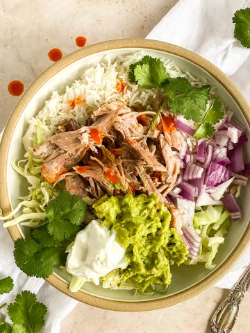 bowl of pulled pork with carnitas toppings