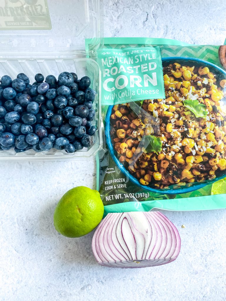 Trader Joes Frozen Roasted Corn with blueberries and red onion