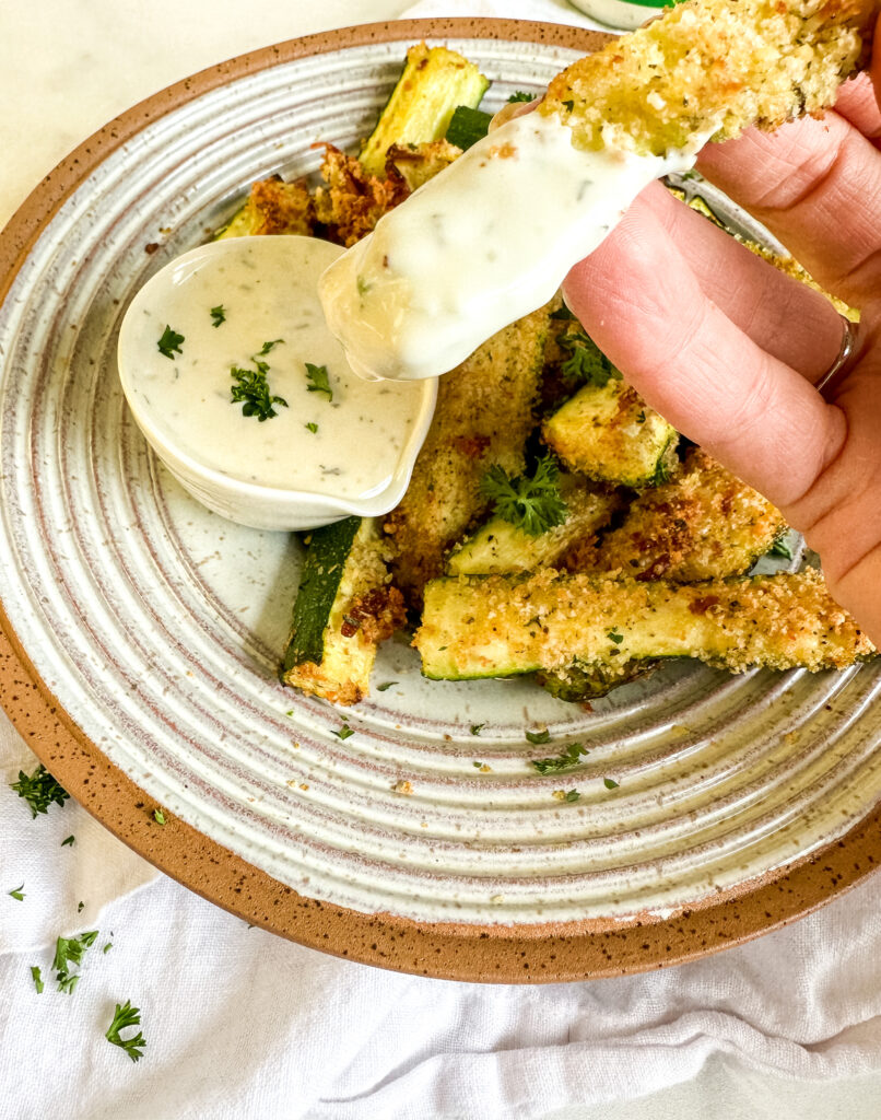 Air fryer zucchini dipped in ranch