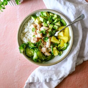 a coral shrimp poke bowl