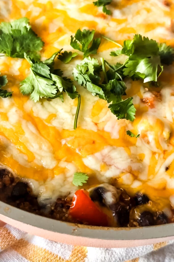 a close up of this chicken enchilada bowl