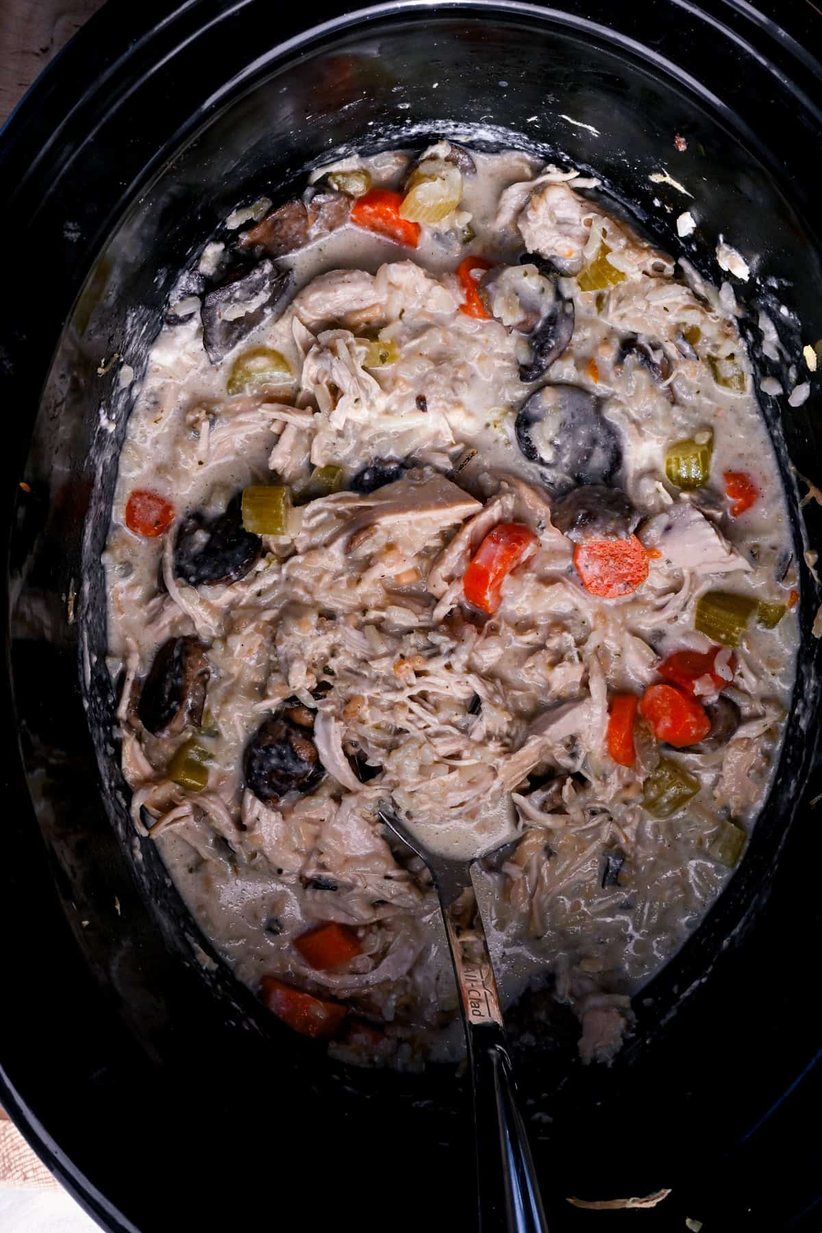 dairy free chicken and wild rice soup ingredients in a crockpot