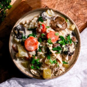 a bowl of dairy free chicken and wild rice soup on a white napkin