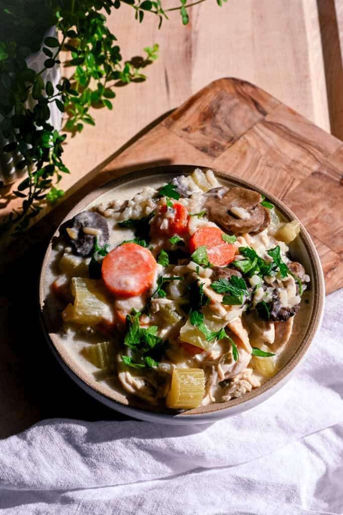 a bowl of dairy free chicken and wild rice soup