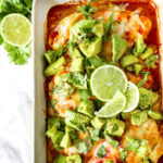 close up of salsa chicken and lime