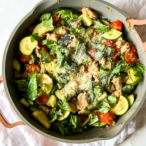 a pan of Italian style zucchini with chicken sausage