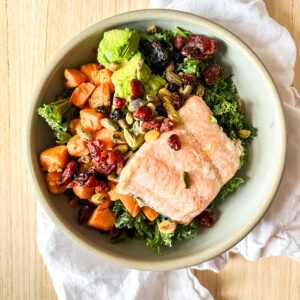easy kale salmon salad with sweet potato and avocado