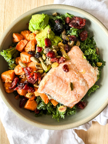 easy kale salmon salad with sweet potato and avocado