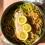 a big pan of salmon asparagus pasta