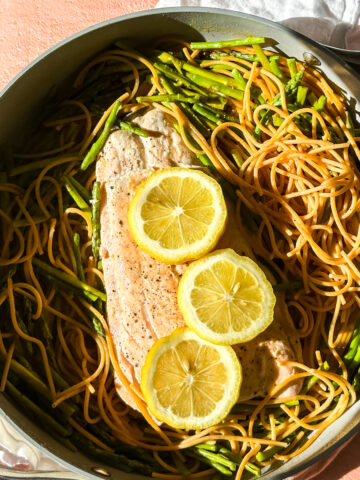 a big pan of salmon asparagus pasta