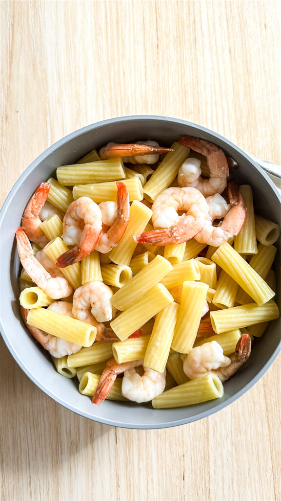 Pasta and shrimp in a pot