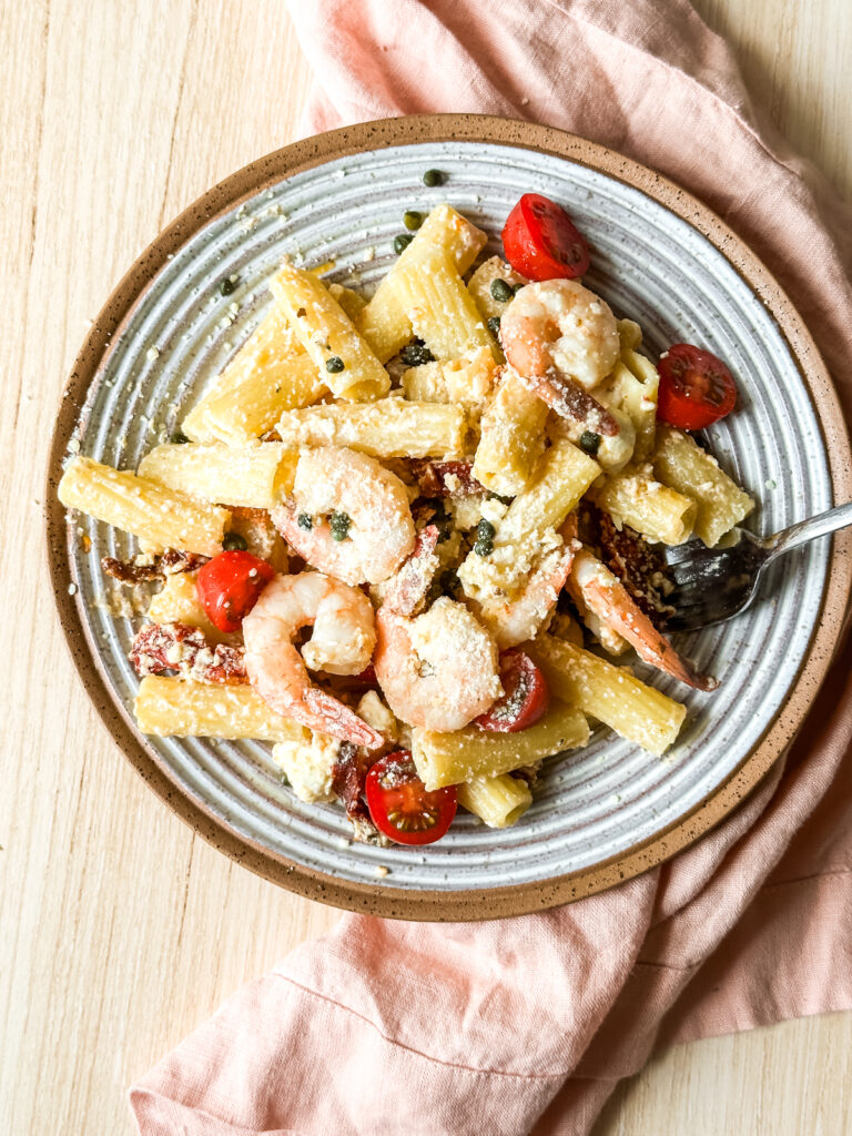 Shrimp Sun-dried Tomato Pasta in a bowl