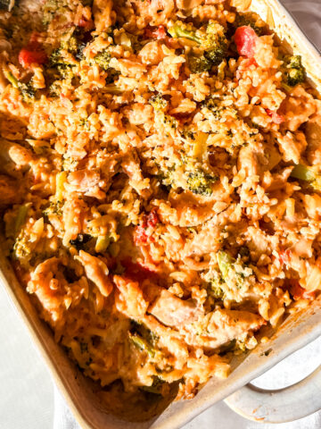 Chicken and Broccoli Pasta Bake in a casserole dish