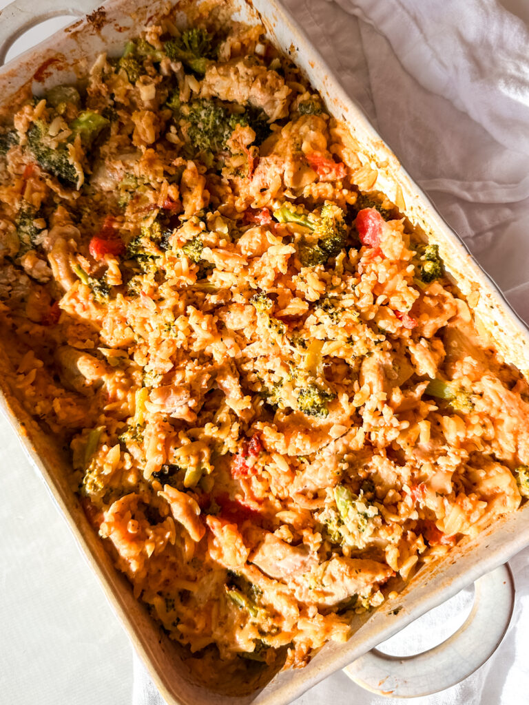 Chicken and Broccoli Pasta Bake in a casserole dish
