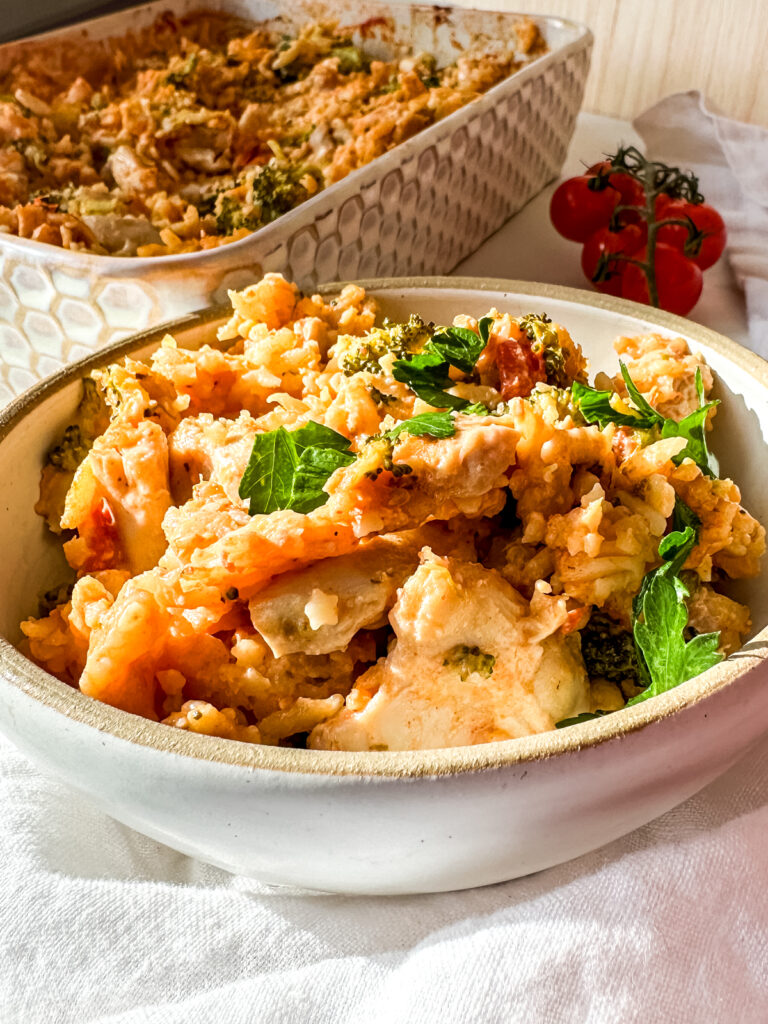 Chicken and Broccoli Pasta Bake in a bowl