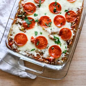 Pizza Casserole served with pepperoni