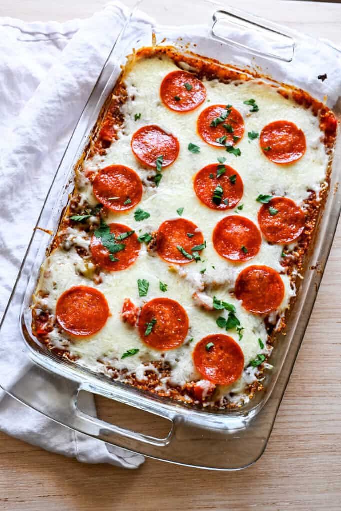 healthy pizza casserole topped with pepperoni