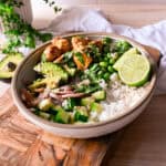 teriyaki chicken poke bowls with avocado and lime