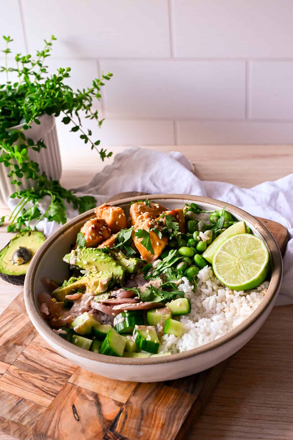 teriyaki chicken poke bowls on a counter