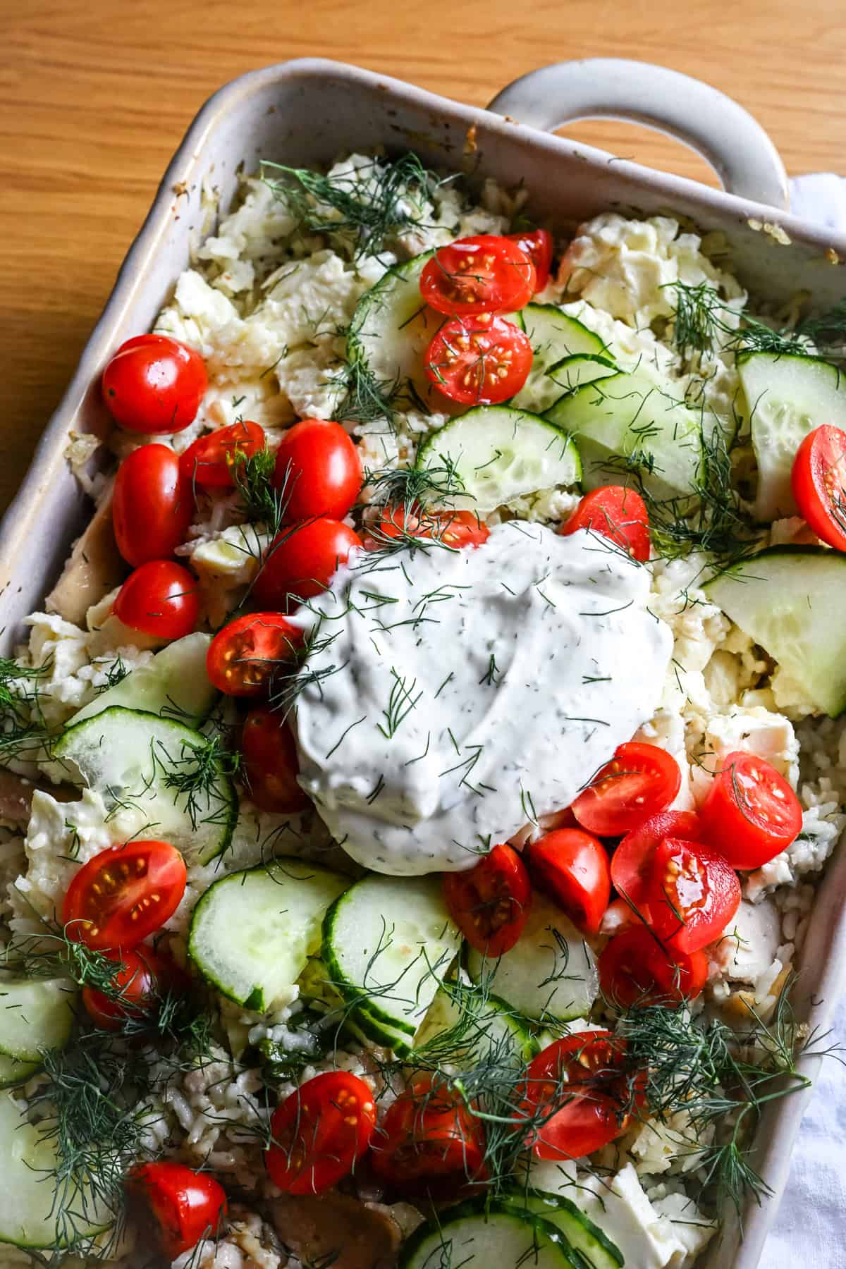 Tzatziki Chicken & Rice Casserole with toppings