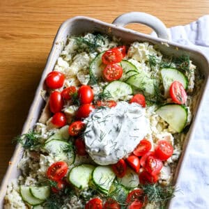 Tzatziki Chicken & Rice Casserole with toppings