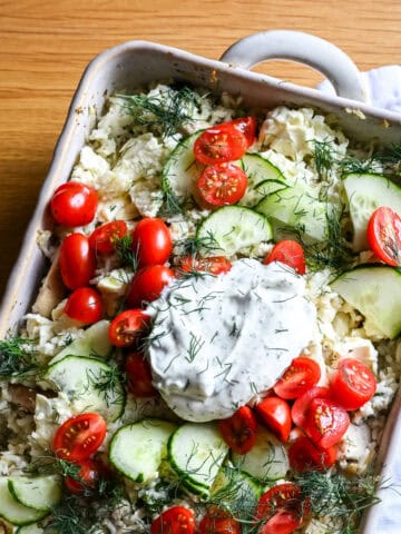 Tzatziki Chicken & Rice Casserole with toppings