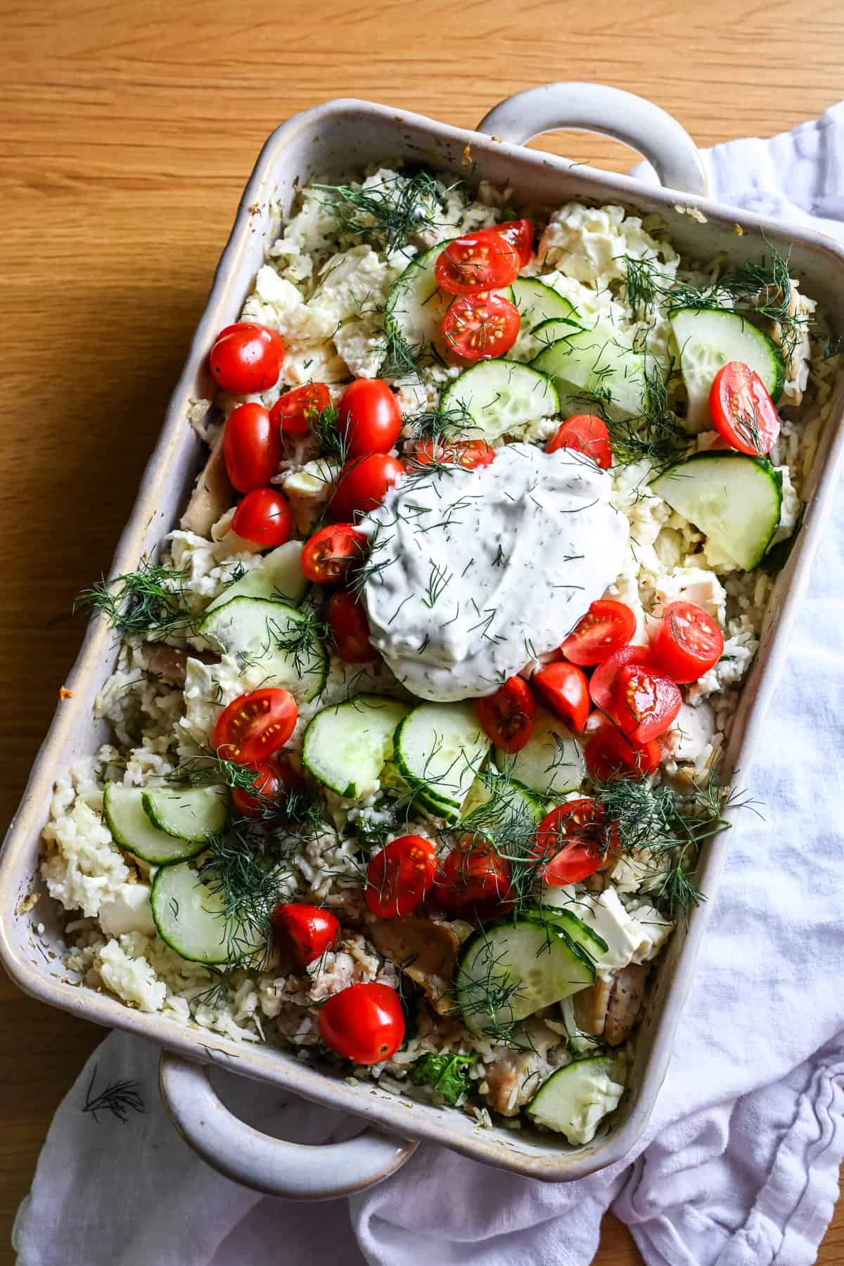 Tzatziki Chicken & Rice Casserole with toppings