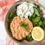 Easy Salmon Burgers (Freezer Friendly) in a bowl with lettuce